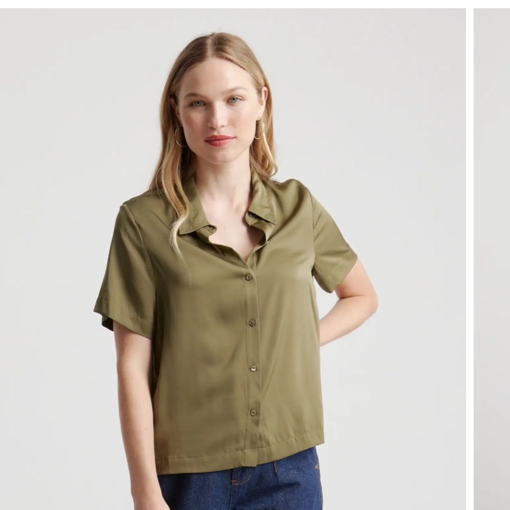 Quince Olive Green Silk Shirt Size Small